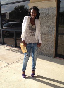 Tasha in AK blazer, Mickey mouse top, Zara jeans, Steve Madden heels
