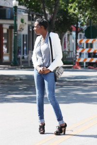 Tasha: Target Jacket, Cato's Necklace, UO shirt, Payless Crossbody, Zara Jeans, MK heels