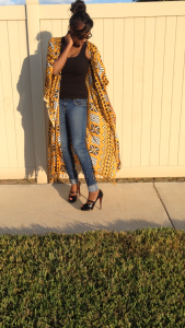 Tasha in Vintage Duster & Christian Louboutin No Barre Heels