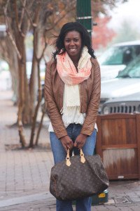 Tasha in Krama Wheel Scarf, Gianni Bini Blouse, Juicy Couture jeans, Vintage Louis Vuitton Speedy and Marco Santi Booties
