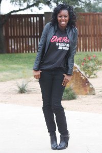 Tasha in Vera Pella Jacket, Vintage DARE Shirt, HM Jeans & Zara Boots