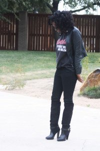 Tasha in Vera Pella Jacket, Vintage DARE Shirt, HM Jeans & Zara Boots