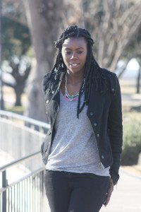Tasha in Guess Moto Jacket, Elie Tahari Top, H&M Jeans, Baker Boots, and Neon Crystal Necklace #boxbraids #bizblogger #killeen #style
