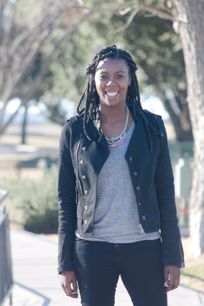 Tasha Guess Moto Jacket |Elie Tahari Top | H&M Jeans | Bakers Boots | Neon Crystal Beaded Bib Necklace