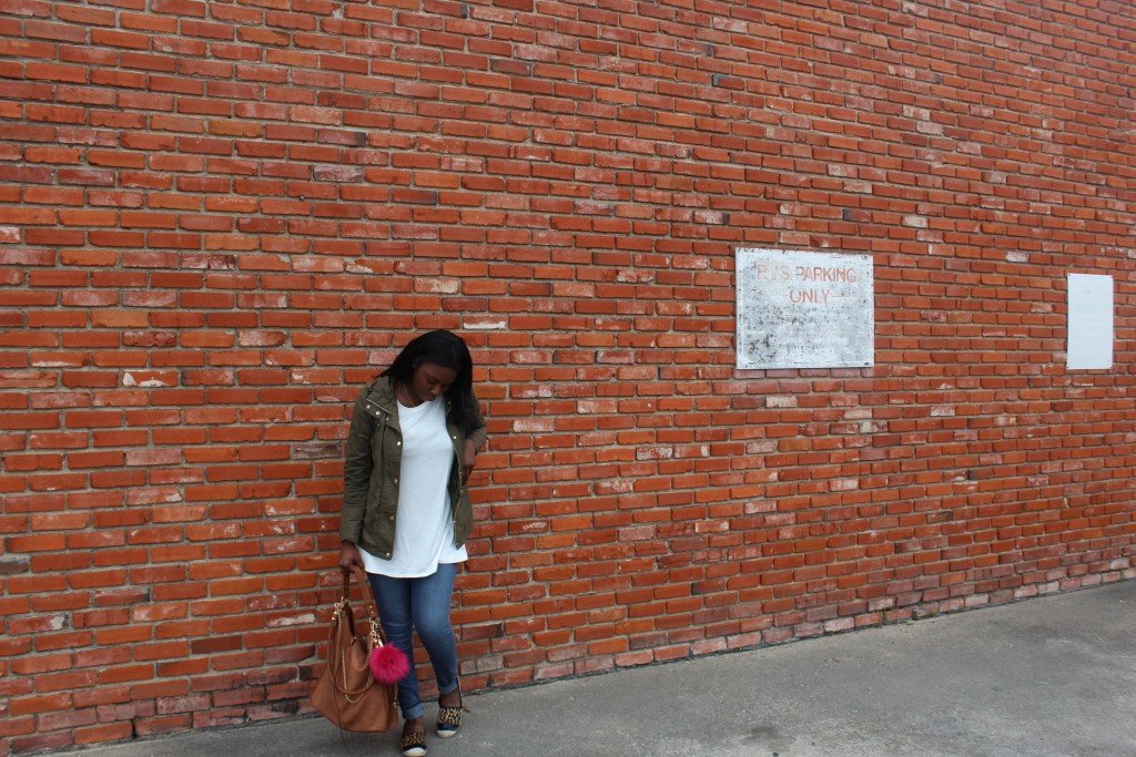 Tasha outside with army jacket and leopard flats. | Imperfect Concepts
