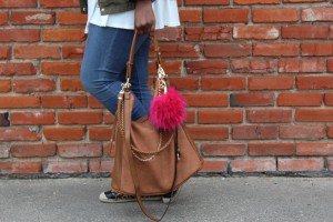 Sam Moon top handle bag with faux fur pouf | Imperfect Concepts